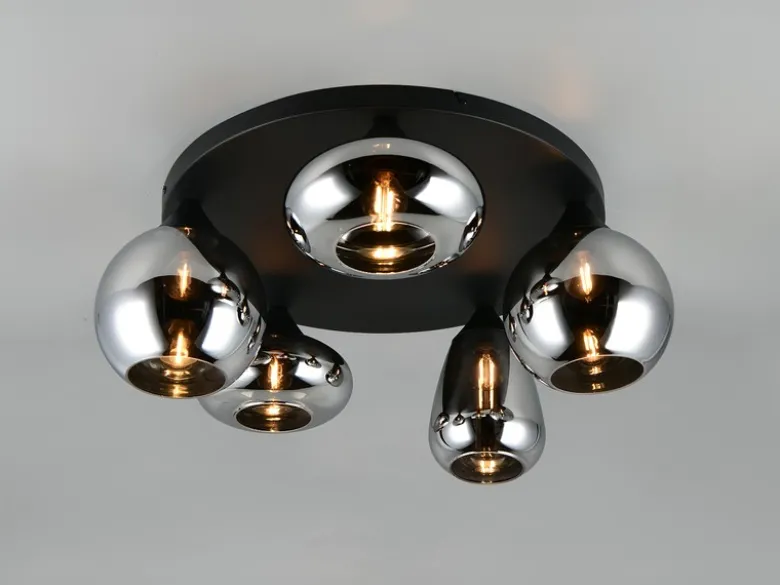 Große Retro LED Deckenleuchte mit 5 Glasschirmen Chrom Ø 63,5cm