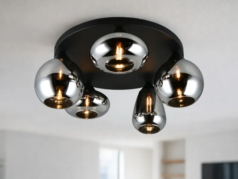 Große Retro LED Deckenleuchte mit 5 Glasschirmen Chrom Ø 63,5cm