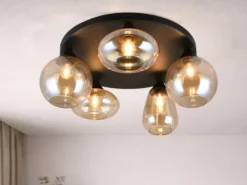 Große Retro LED Deckenleuchte mit 5 Glasschirmen Amberfarbig Ø 63,5cm