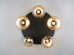 Große Retro LED Deckenleuchte mit 5 Glasschirmen Amberfarbig Ø 63,5cm