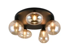 Große Retro LED Deckenleuchte mit 5 Glasschirmen Amberfarbig Ø 63,5cm