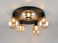 Große Retro LED Deckenleuchte mit 5 Glasschirmen Amberfarbig Ø 63,5cm