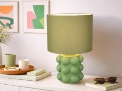 Große Retro LED Tischlampe mit Keramikfuß & Stoffschirm Grün, Höhe 47cm