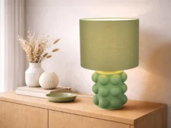 Große Retro LED Tischlampe mit Keramikfuß & Stoffschirm Grün, Höhe 47cm