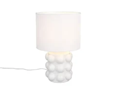 Große Retro LED Tischlampe mit Keramikfuß & Stoffschirm Weiß, Höhe 47cm