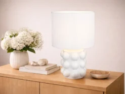 Große Retro LED Tischlampe mit Keramikfuß & Stoffschirm Weiß, Höhe 47cm