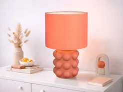 Große Retro LED Tischlampe mit Keramikfuß & Stoffschirm Orange, Höhe 47cm
