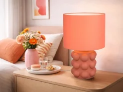Große Retro LED Tischlampe mit Keramikfuß & Stoffschirm Orange, Höhe 47cm