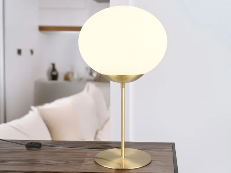 Große Retro Tischleuchte FOMENTO Messing mit Glaskugel, Höhe 52cm