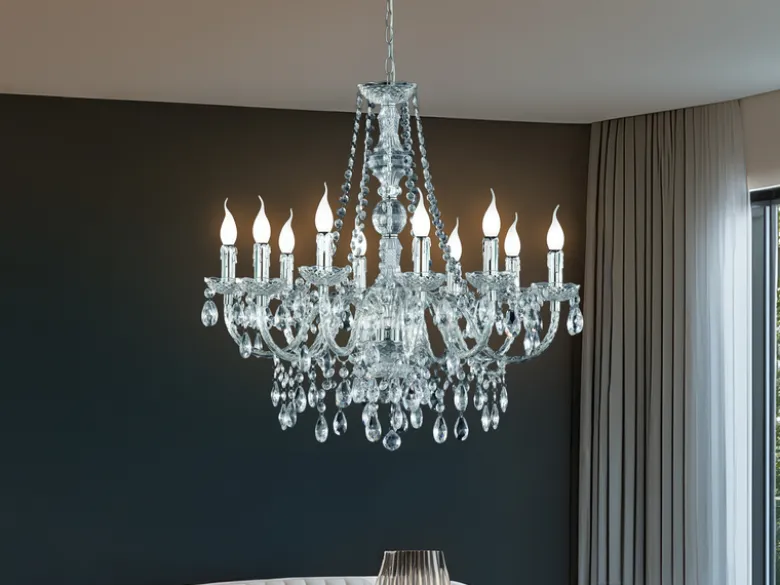Großer Kronleuchter LÜSTER 10-flammig Silber Chrom mit Acryl Kristall, Ø 76cm