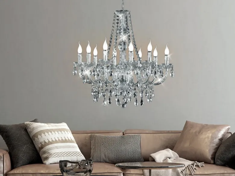 Großer Kronleuchter LÜSTER 10-flammig Silber Chrom mit Acryl Kristall, Ø 76cm