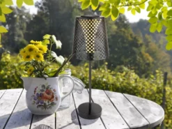 Große Solar Tischleuchte, Metall schwarz mit Musterstanzungen Höhe 50cm