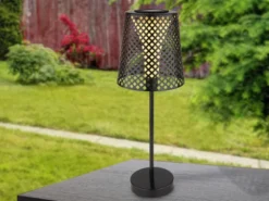 Große Solar Tischleuchte, Metall schwarz mit Musterstanzungen Höhe 50cm