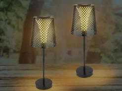 Große Solar Tischleuchten 2er SET mit gestanztem Metallschirm schwarz, Höhe 50cm