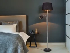 Große Stehlampe HENTA mit Leselampe, Stoffschirm Schwarz Gold Höhe 180cm