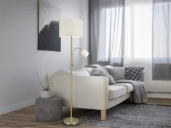 Große Stehlampe HOTEL Messing mit Leselampe & E27 Stoffschirm Creme, Höhe 170cm
