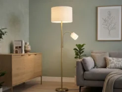 Große Stehlampe HOTEL Messing mit Leselampe & E27 Stoffschirm Creme, Höhe 170cm