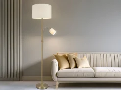 Große Stehlampe HOTEL Messing mit Leselampe & E27 Stoffschirm Creme, Höhe 170cm