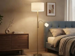 Große Stehlampe HOTEL Messing mit Leselampe & E27 Stoffschirm Creme, Höhe 170cm