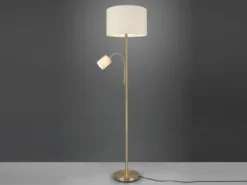 Große Stehlampe HOTEL Messing mit Leselampe & E27 Stoffschirm Creme, Höhe 170cm