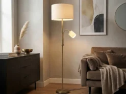 Große Stehlampe HOTEL Messing mit Leselampe & E27 Stoffschirm Creme, Höhe 170cm