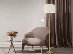 Große Stehlampe HOTEL Messing mit Leselampe & E27 Stoffschirm Creme, Höhe 170cm