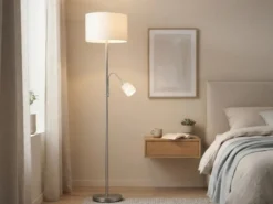 Große Stehlampe HOTEL Silber mit Leselampe & E27 Stoffschirm Weiß, Höhe 170cm