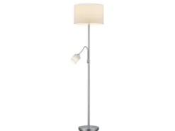 Große Stehlampe HOTEL Silber mit Leselampe & E27 Stoffschirm Weiß, Höhe 170cm
