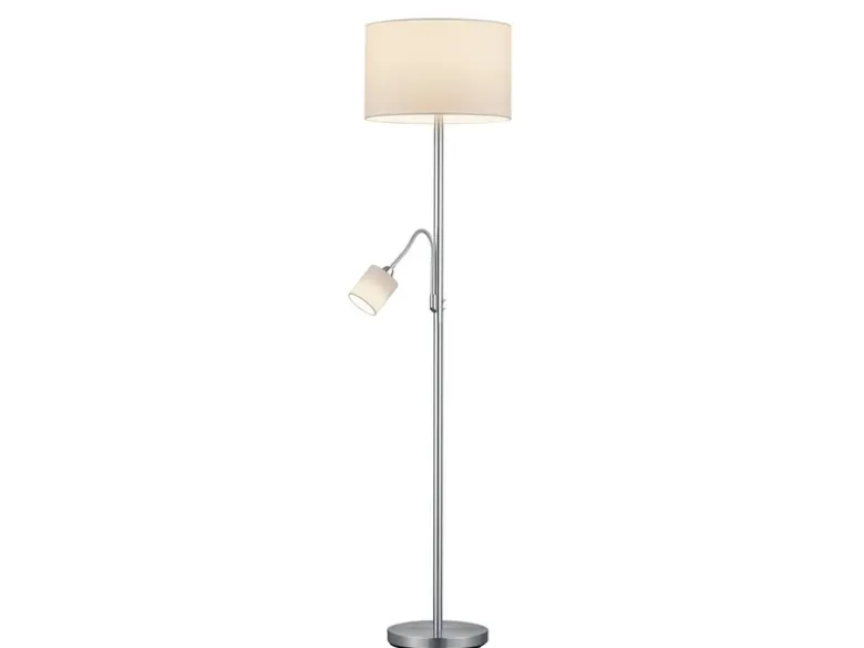 Große Stehlampe HOTEL Silber mit Leselampe & E27 Stoffschirm Weiß, Höhe 170cm