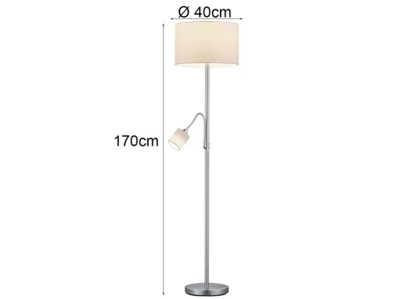 Große Stehlampe HOTEL Silber mit Leselampe & E27 Stoffschirm Weiß, Höhe 170cm
