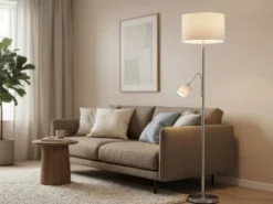Große Stehlampe HOTEL Silber mit Leselampe & E27 Stoffschirm Weiß, Höhe 170cm