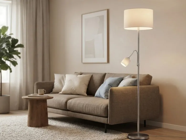 Große Stehlampe HOTEL Silber mit Leselampe & E27 Stoffschirm Weiß, Höhe 170cm
