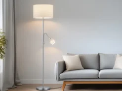 Große Stehlampe HOTEL Silber mit Leselampe & E27 Stoffschirm Weiß, Höhe 170cm
