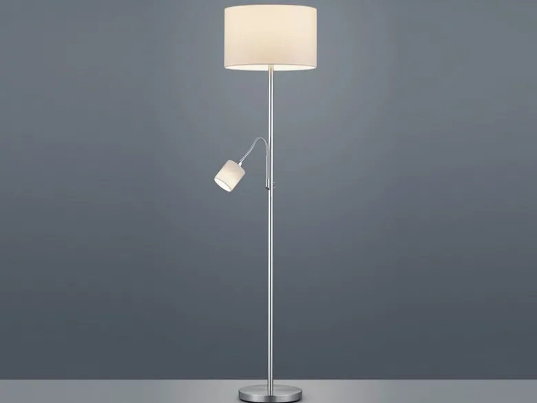 Große Stehlampe HOTEL Silber mit Leselampe & E27 Stoffschirm Weiß, Höhe 170cm