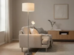 Große Stehlampe HOTEL Silber mit Leselampe & E27 Stoffschirm Weiß, Höhe 170cm