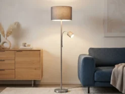 Große Stehlampe HOTEL Silber mit Leselampe & E27 Stoffschirm Grau, Höhe 170cm