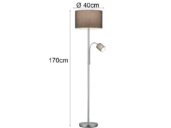 Große Stehlampe HOTEL Silber mit Leselampe & E27 Stoffschirm Grau, Höhe 170cm