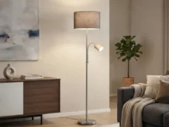 Große Stehlampe HOTEL Silber mit Leselampe & E27 Stoffschirm Grau, Höhe 170cm