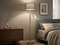Große Stehlampe HOTEL Silber mit Leselampe & E27 Stoffschirm Grau, Höhe 170cm