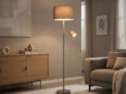 Große Stehlampe HOTEL Silber mit Leselampe & E27 Stoffschirm Grau, Höhe 170cm