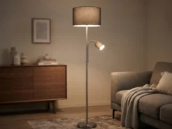 Große Stehlampe HOTEL Silber mit Leselampe & E27 Stoffschirm Grau, Höhe 170cm