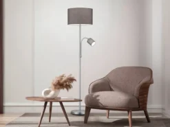 Große Stehlampe HOTEL Silber mit Leselampe & E27 Stoffschirm Grau, Höhe 170cm