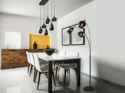 Große Stehlampe LUMINA mit 3 Glas Lampenschirmen in Chrom, Höhe 200cm
