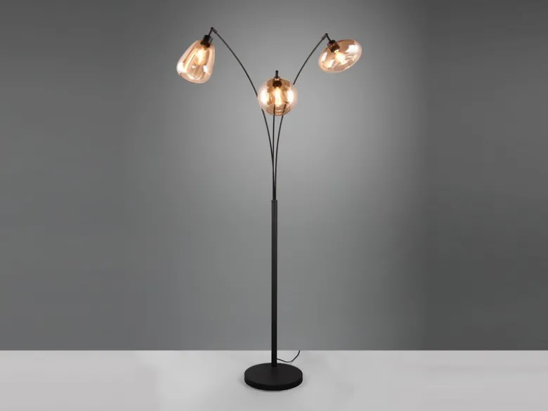 Große Stehlampe LUMINA mit 3 Glas Lampenschirmen amberfarbig, Höhe 200cm