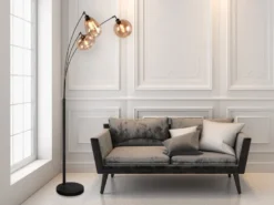 Große Stehlampe LUMINA mit 3 Glas Lampenschirmen amberfarbig, Höhe 200cm