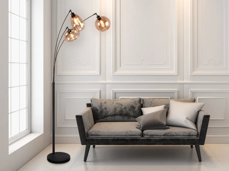 Große Stehlampe LUMINA mit 3 Glas Lampenschirmen amberfarbig, Höhe 200cm