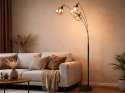 Große Stehlampe LUMINA mit 3 Glas Lampenschirmen amberfarbig, Höhe 200cm