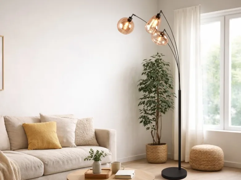 Große Stehlampe LUMINA mit 3 Glas Lampenschirmen amberfarbig, Höhe 200cm