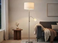 Große Stehlampe mit Leselampe, LED dimmbar, Stoffschirm Weiß, Höhe 170cm
