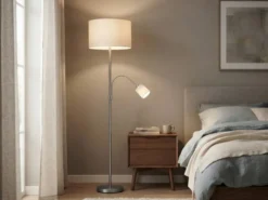 Große Stehlampe mit Leselampe, LED dimmbar, Stoffschirm Weiß, Höhe 170cm